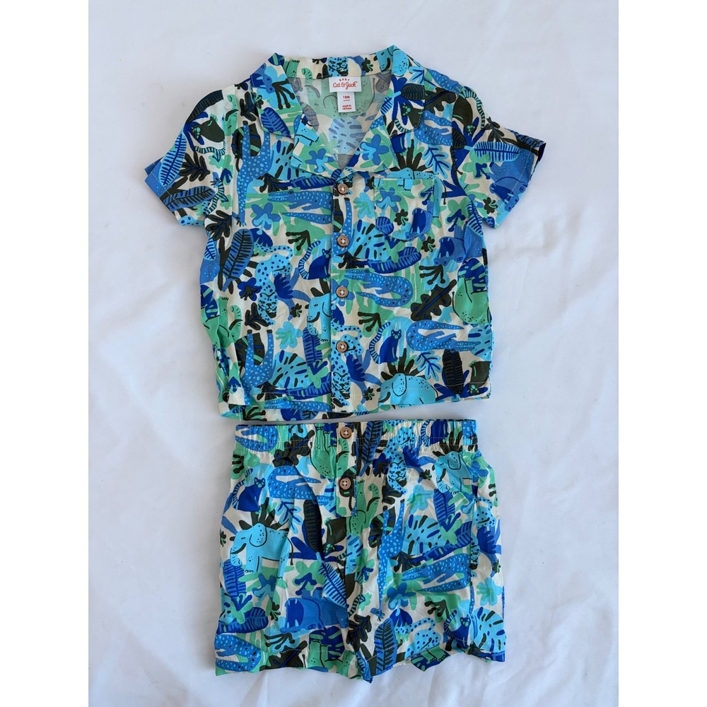 Cat & Jack Baby Boy 18M Blue Green Jungle Animal Shirt and Shorts Matching Set